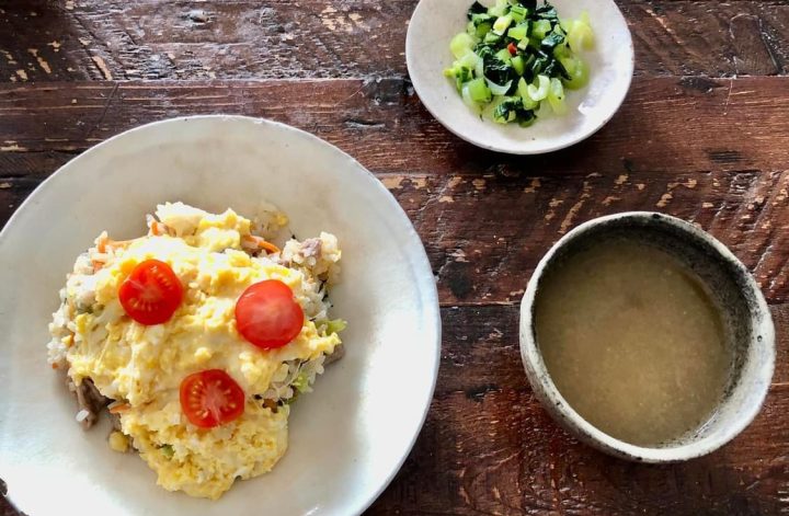 野沢菜チャーハン＆なめこネギお味噌汁🍳